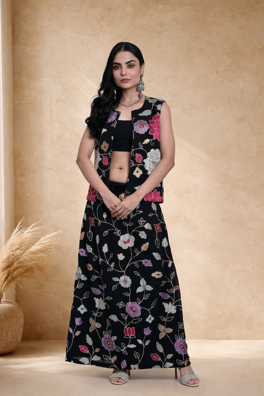 Black Jacket Lehenga Set with Multicolored Floral Embroidery - Anvi Couture