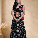 Black Jacket Lehenga Set with Multicolored Floral Embroidery - Anvi Couture