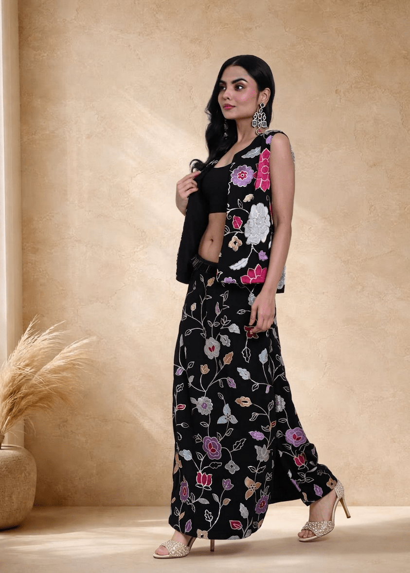 Black Jacket Lehenga Set with Multicolored Floral Embroidery - Anvi Couture