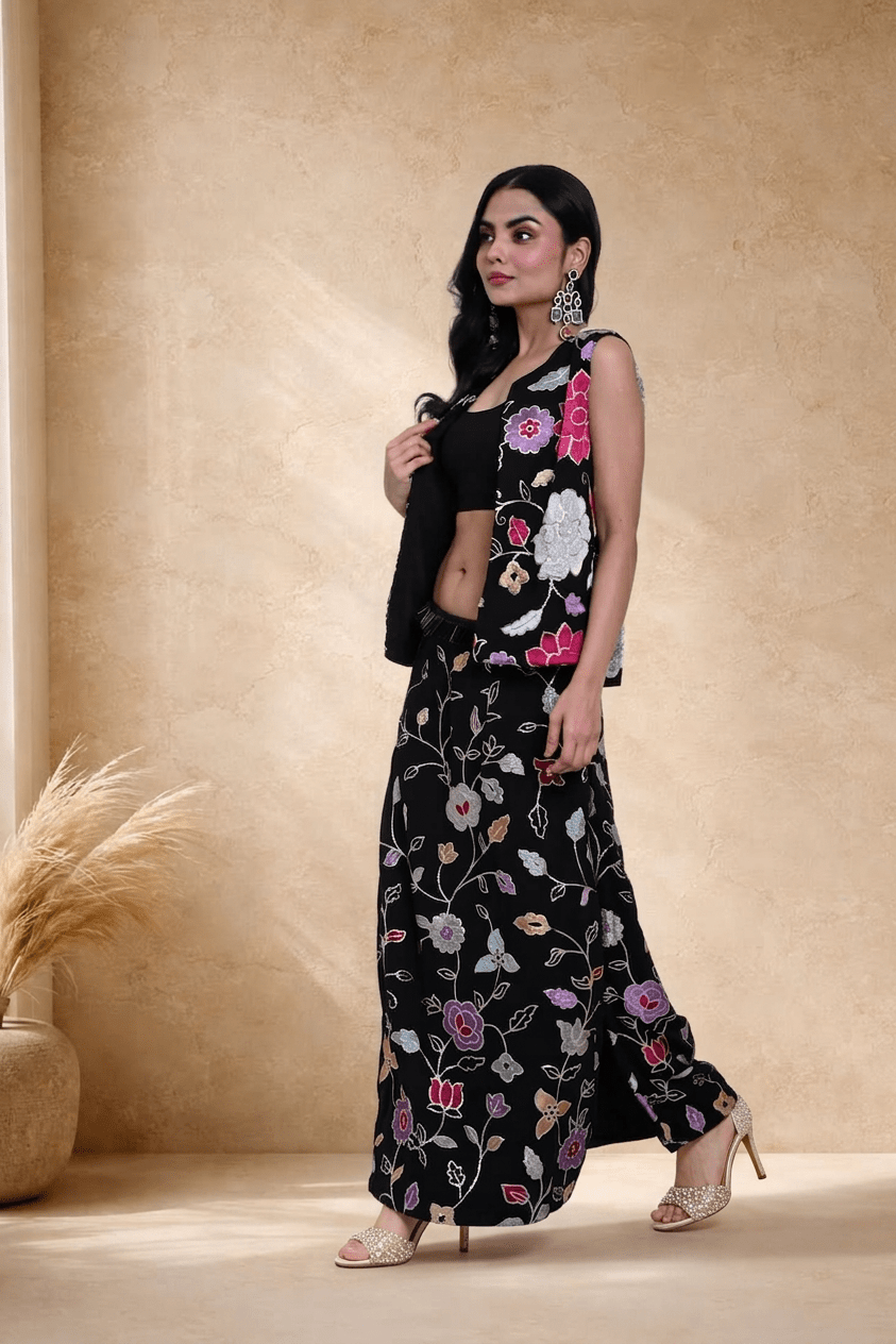 Black Jacket Lehenga Set with Multicolored Floral Embroidery - Anvi Couture