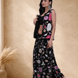 Black Jacket Lehenga Set with Multicolored Floral Embroidery - Anvi Couture
