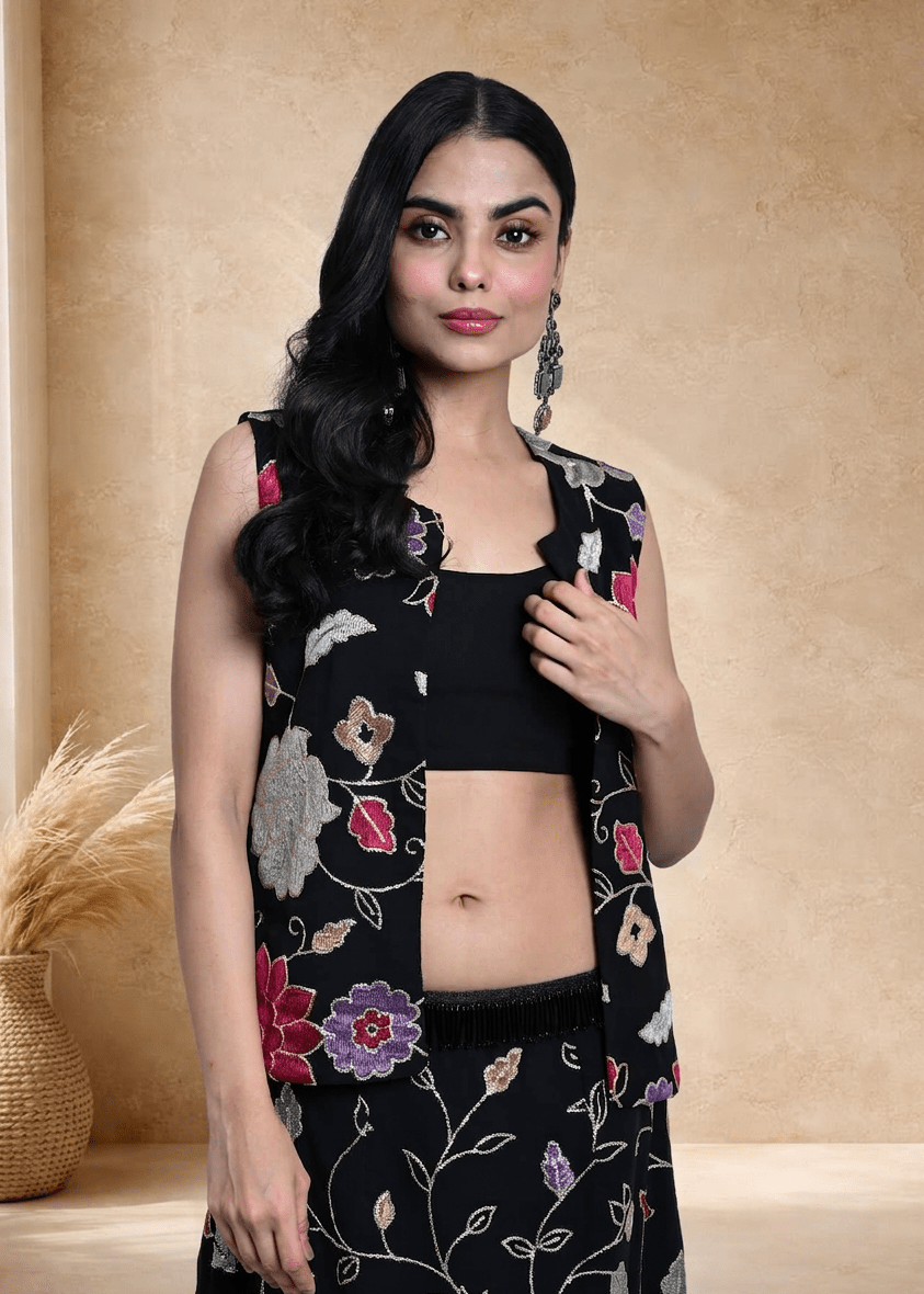 Black Jacket Lehenga Set with Multicolored Floral Embroidery - Anvi Couture