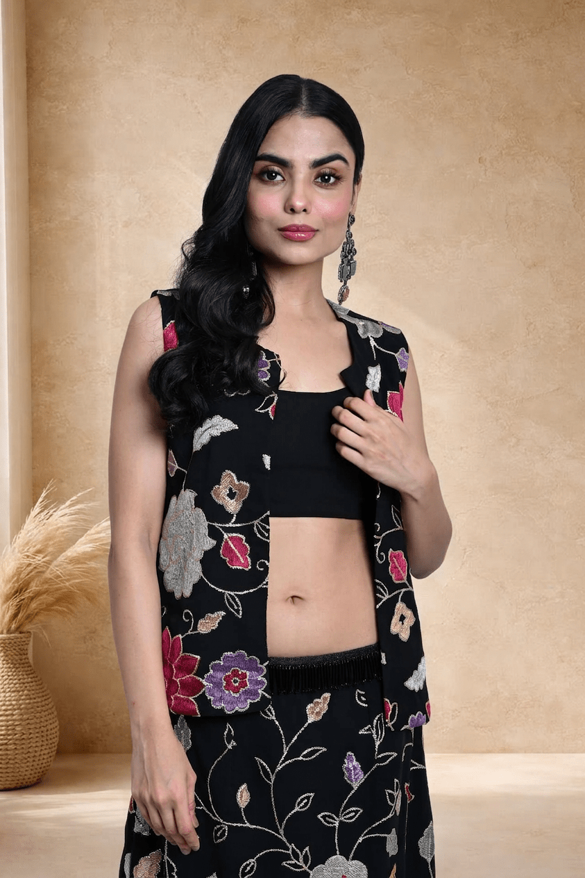 Black Jacket Lehenga Set with Multicolored Floral Embroidery - Anvi Couture