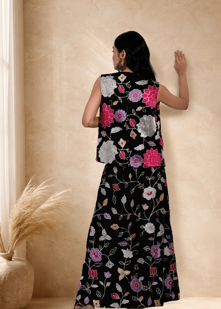 Black Jacket Lehenga Set with Multicolored Floral Embroidery - Anvi Couture