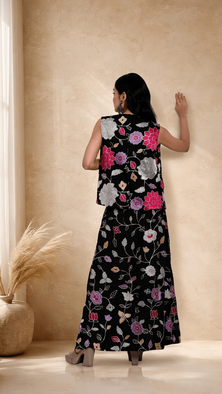 Black Jacket Lehenga Set with Multicolored Floral Embroidery - Anvi Couture