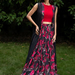 Black Jacket Lehenga Set with Pink Floral Prints - Anvi Couture