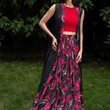 Black Jacket Lehenga Set with Pink Floral Prints - Anvi Couture