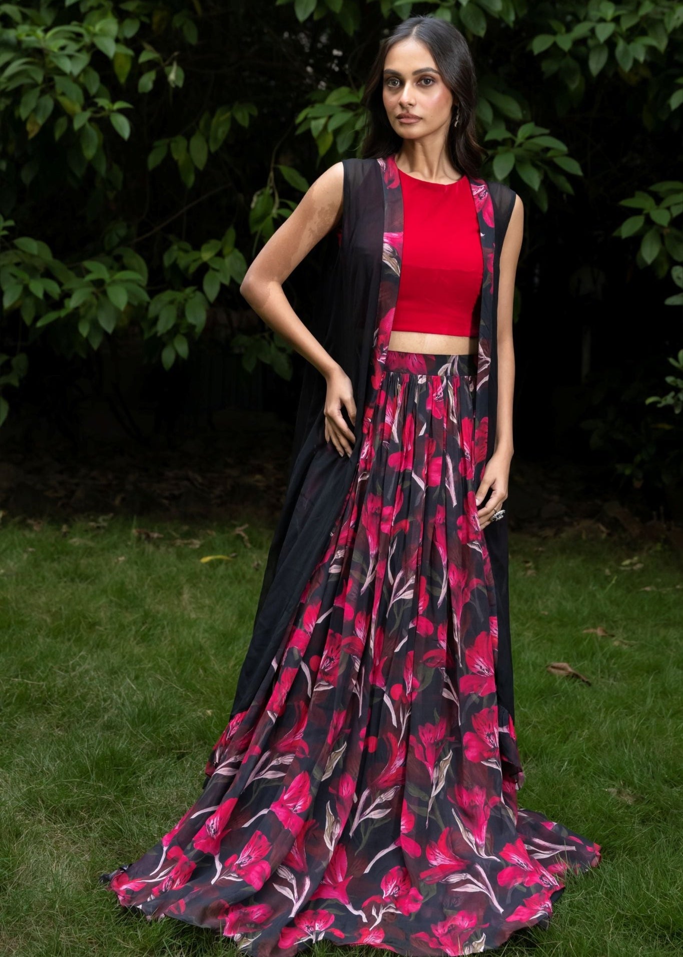 Black Jacket Lehenga Set with Pink Floral Prints - Anvi Couture