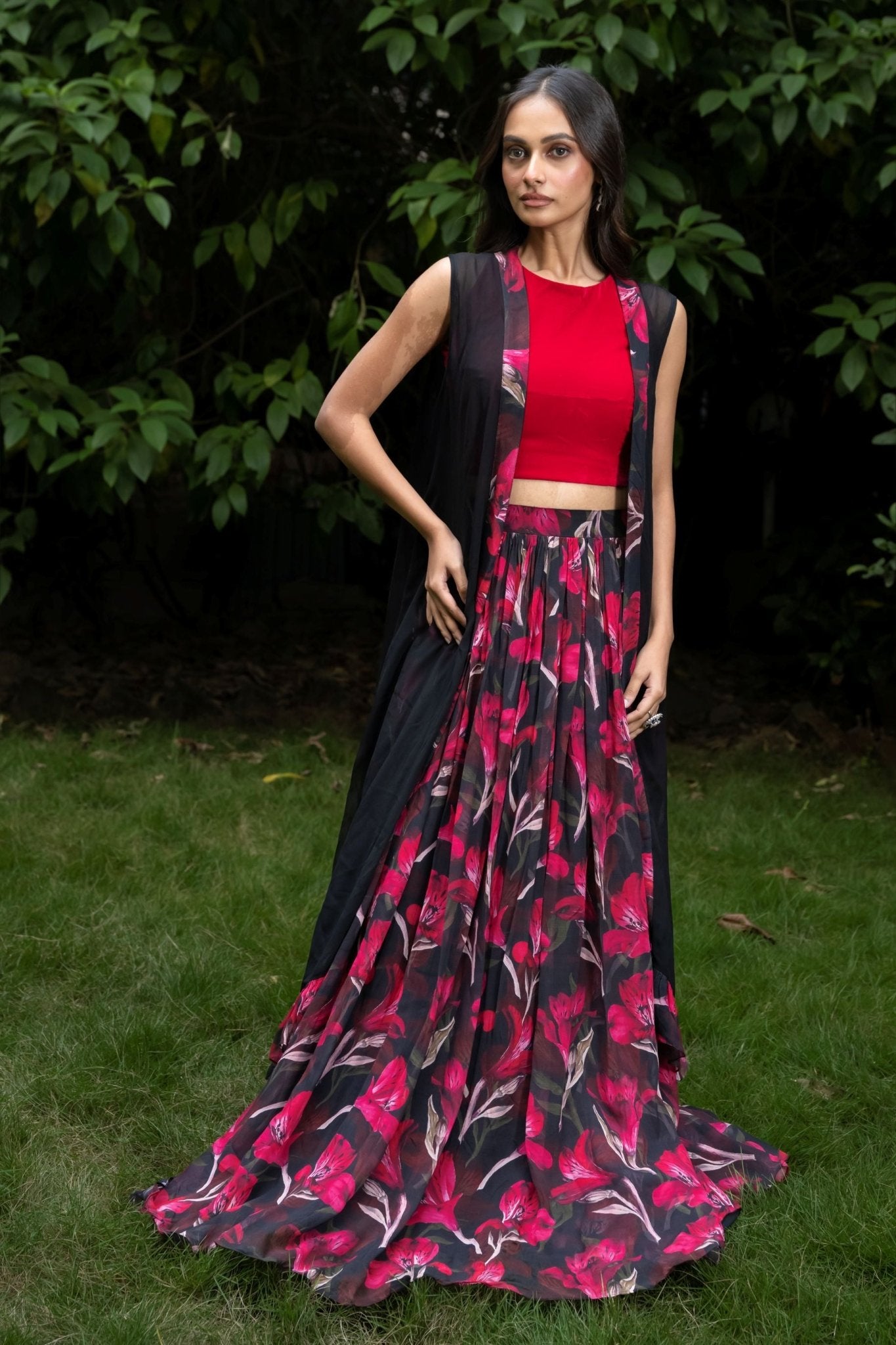 Black Jacket Lehenga Set with Pink Floral Prints - Anvi Couture