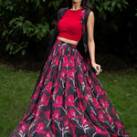 Black Jacket Lehenga Set with Pink Floral Prints - Anvi Couture