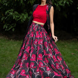 Black Jacket Lehenga Set with Pink Floral Prints - Anvi Couture