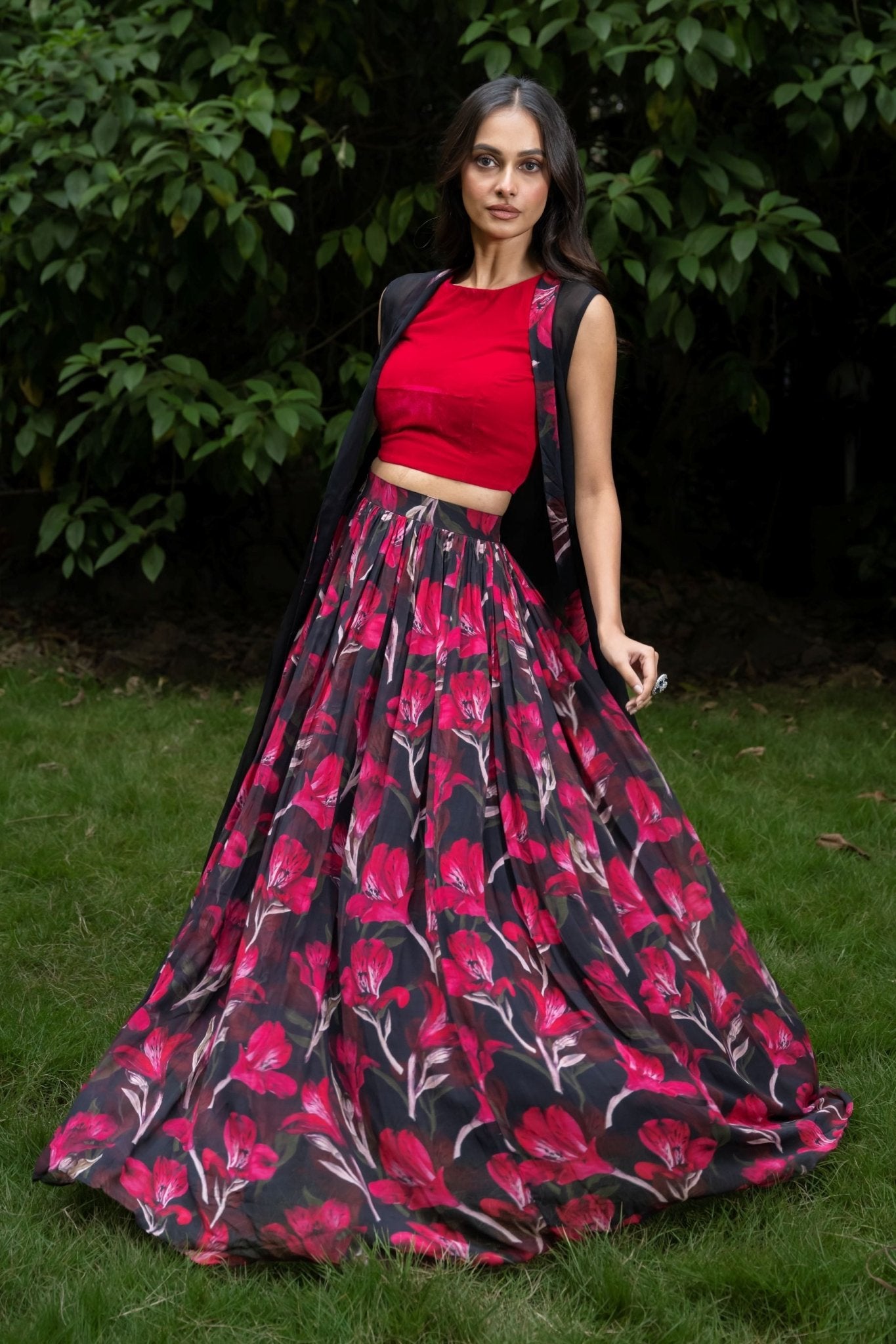 Black Jacket Lehenga Set with Pink Floral Prints - Anvi Couture