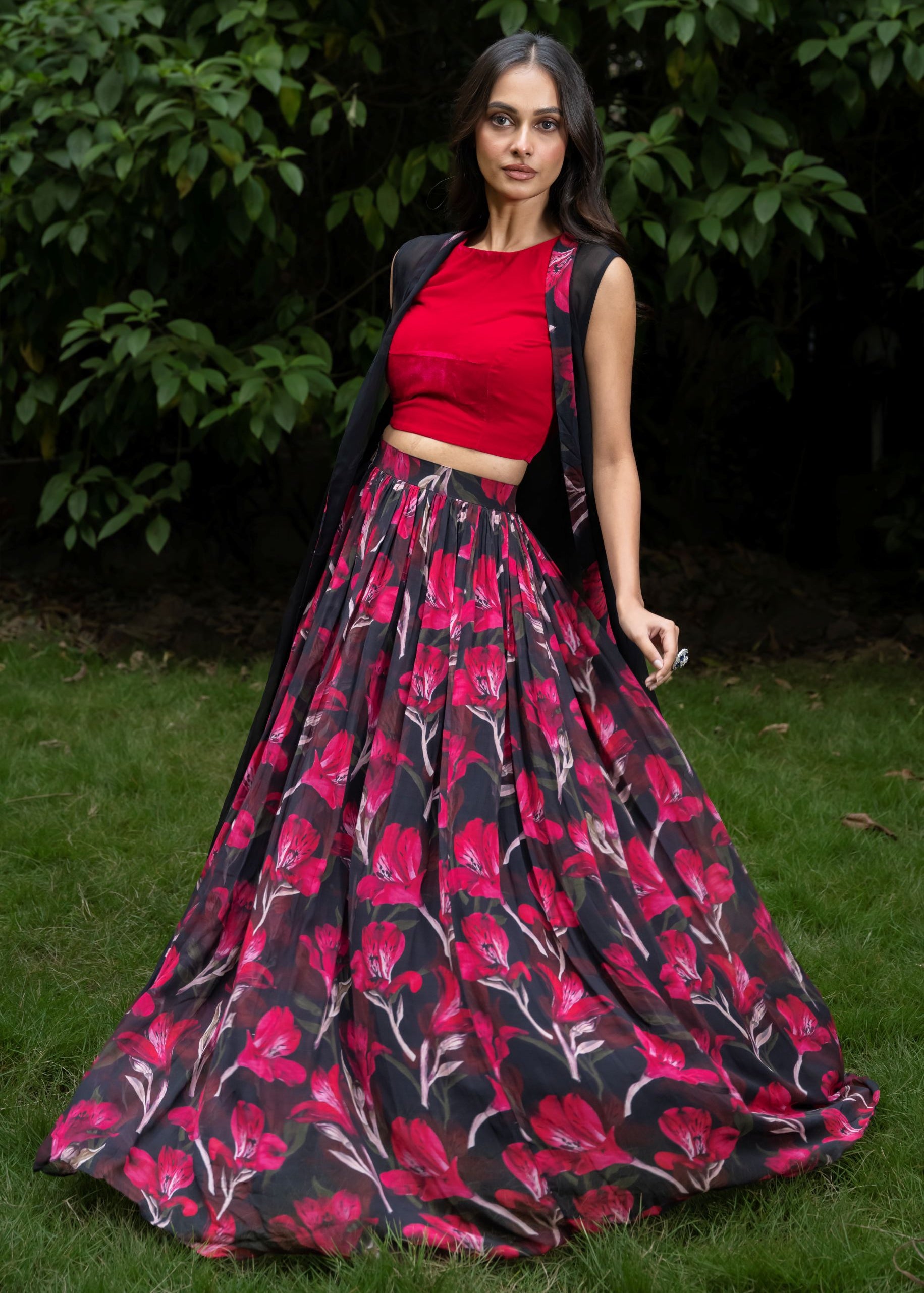 Black Jacket Lehenga Set  with Pink Floral Prints 
