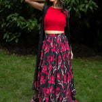 Black Jacket Lehenga Set with Pink Floral Prints - Anvi Couture