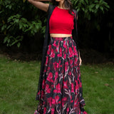 Black Jacket Lehenga Set with Pink Floral Prints - Anvi Couture