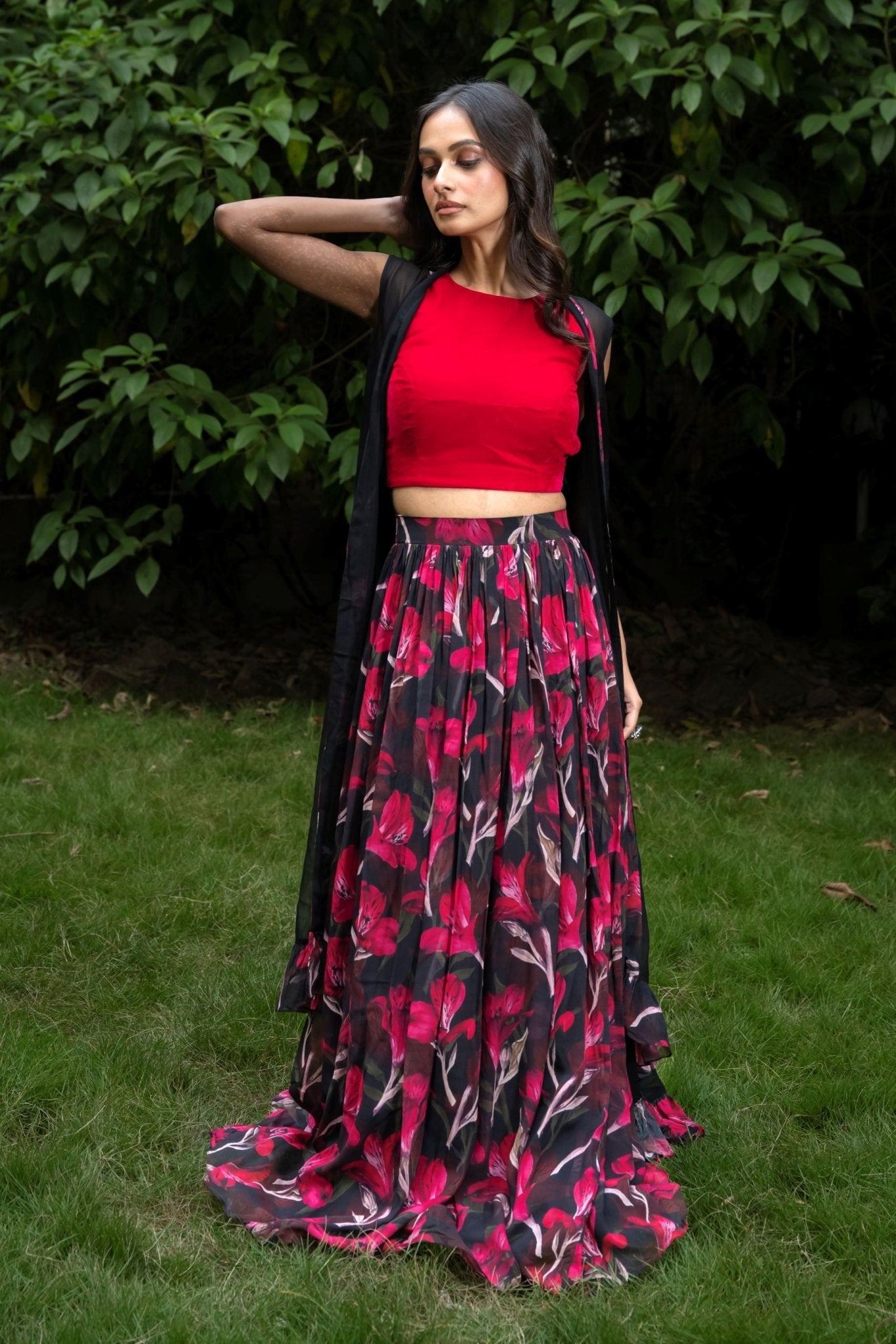 Black Jacket Lehenga Set with Pink Floral Prints - Anvi Couture