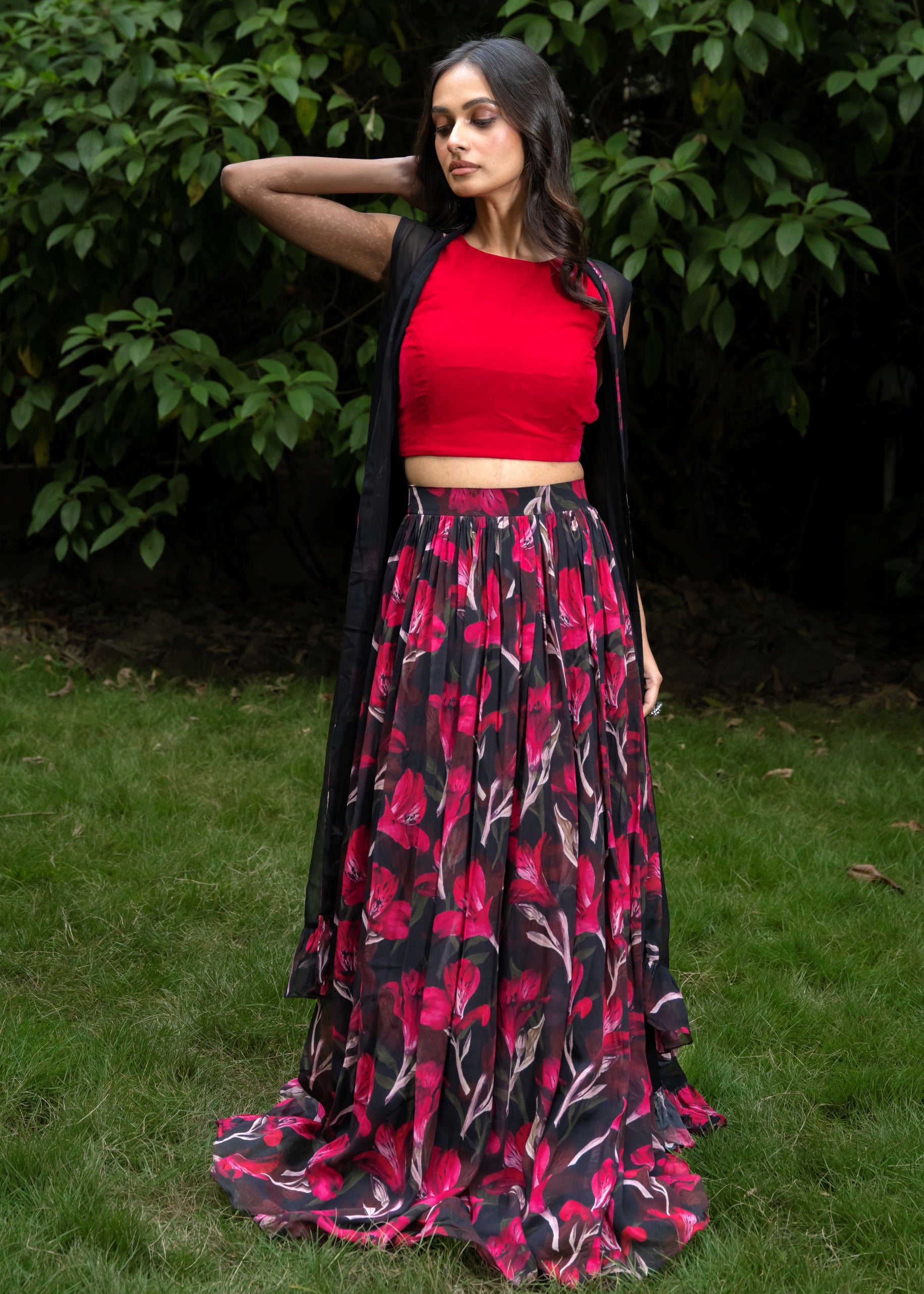 Black Jacket Lehenga Set  with Pink Floral Prints 
