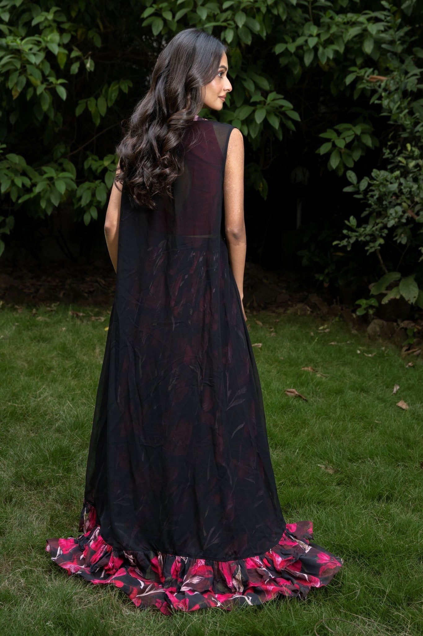 Black Jacket Lehenga Set with Pink Floral Prints - Anvi Couture