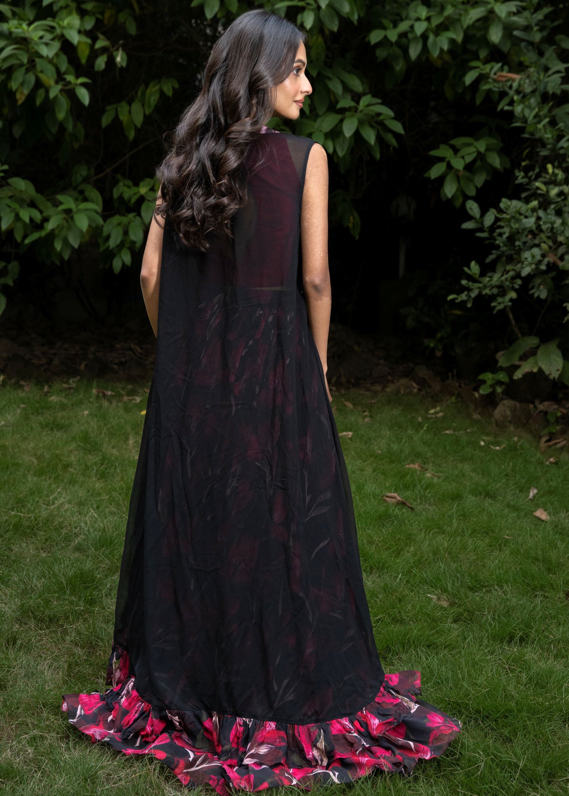 Black Jacket Lehenga Set  with Pink Floral Prints 
