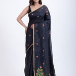 Black Jamdani Saree With Floral Weaving Pallu Full
