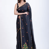 Black Jamdani Saree With Floral Weaving Pallu Front
