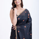 Black Jamdani Saree With Floral Weaving Pallu Close Up
