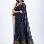 Black Jamdani Saree With Floral Weaving Pallu Back
