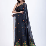 Black Jamdani Saree With Floral Weaving Pallu Back
