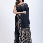 Black Jamdani Saree With White Weaving Border and Pallu Full
