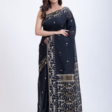 Black Jamdani Saree With White Weaving Border and Pallu Full
