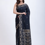 Black Jamdani Saree With White Weaving Border and Pallu Front
