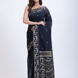 Black Jamdani Saree With White Weaving Border and Pallu Front

