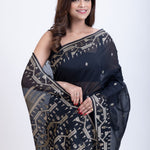 Black Jamdani Saree With White Weaving Border and Pallu Close Up
