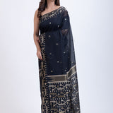 Black Jamdani Saree With White Weaving Border and Pallu Back
