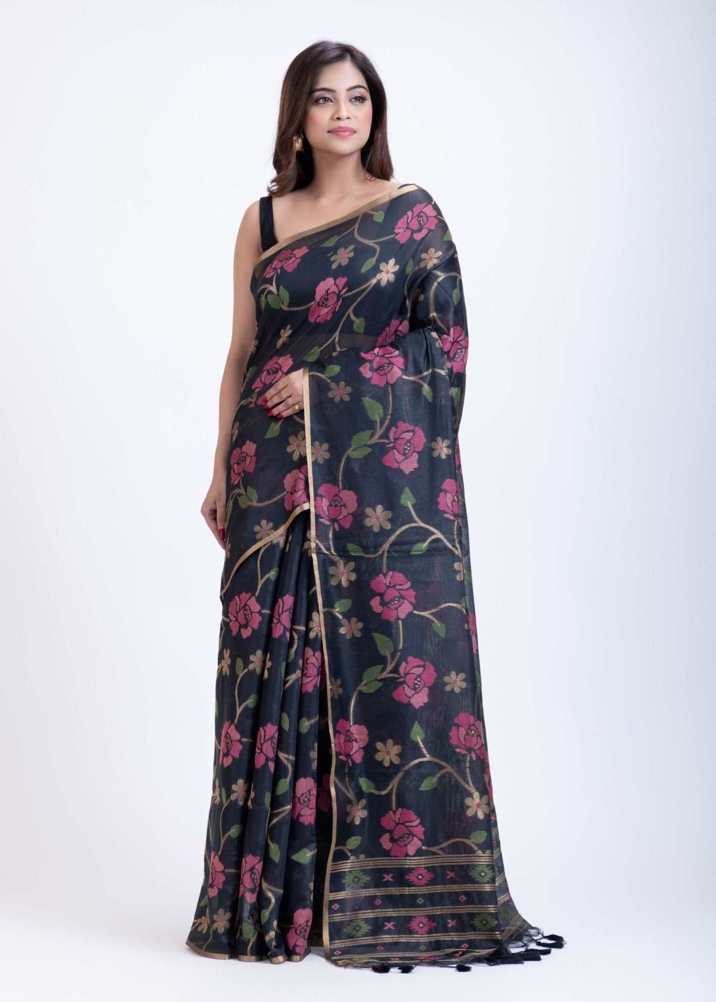 Black Jamdani Saree with all over Handloom Floral Weaving - Anvi Couture