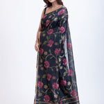 Black Jamdani Saree with all over Handloom Floral Weaving Front 
