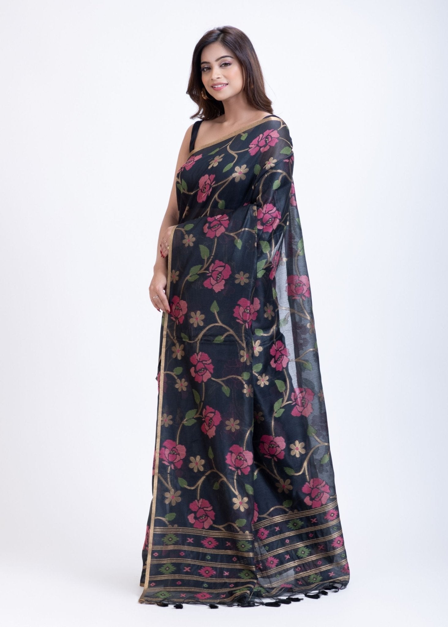 Black Jamdani Saree with all over Handloom Floral Weaving - Anvi Couture