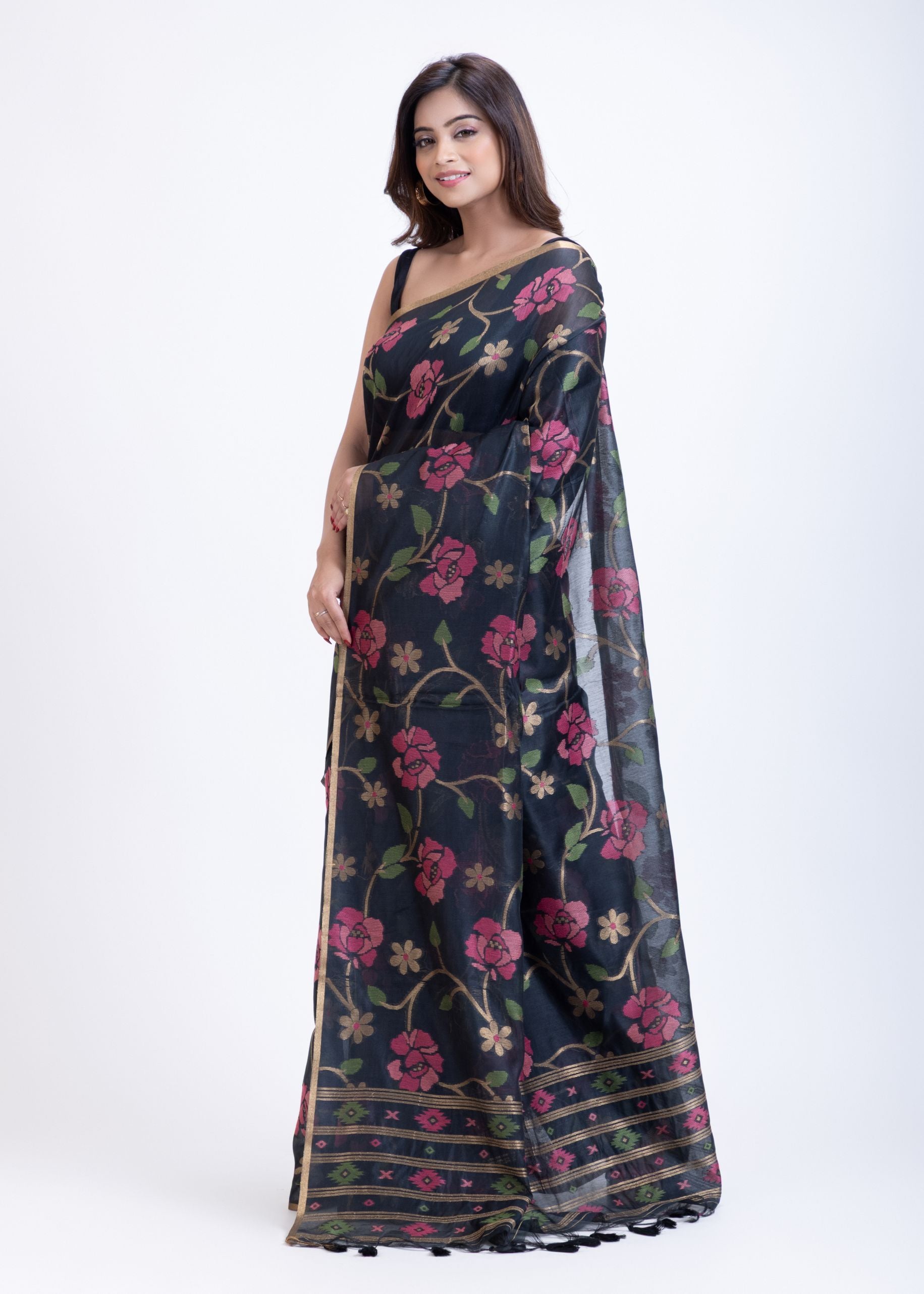Black Jamdani Saree with all over Handloom Floral Weaving Front 
