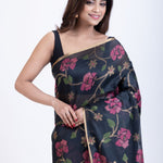 Black Jamdani Saree with all over Handloom Floral Weaving Cose Up