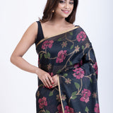Black Jamdani Saree with all over Handloom Floral Weaving Cose Up