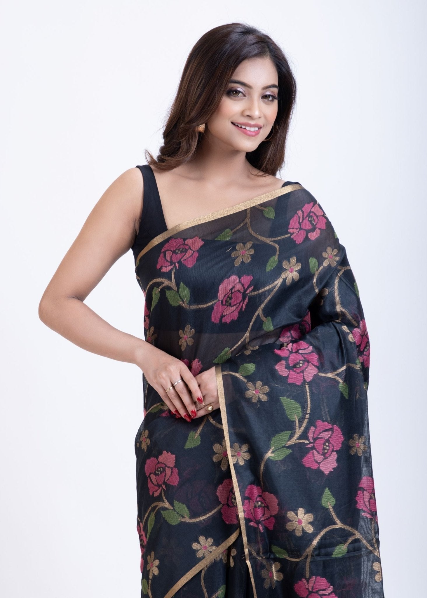 Black Jamdani Saree with all over Handloom Floral Weaving - Anvi Couture
