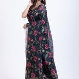 Black Jamdani Saree with all over Handloom Floral Weaving Back
