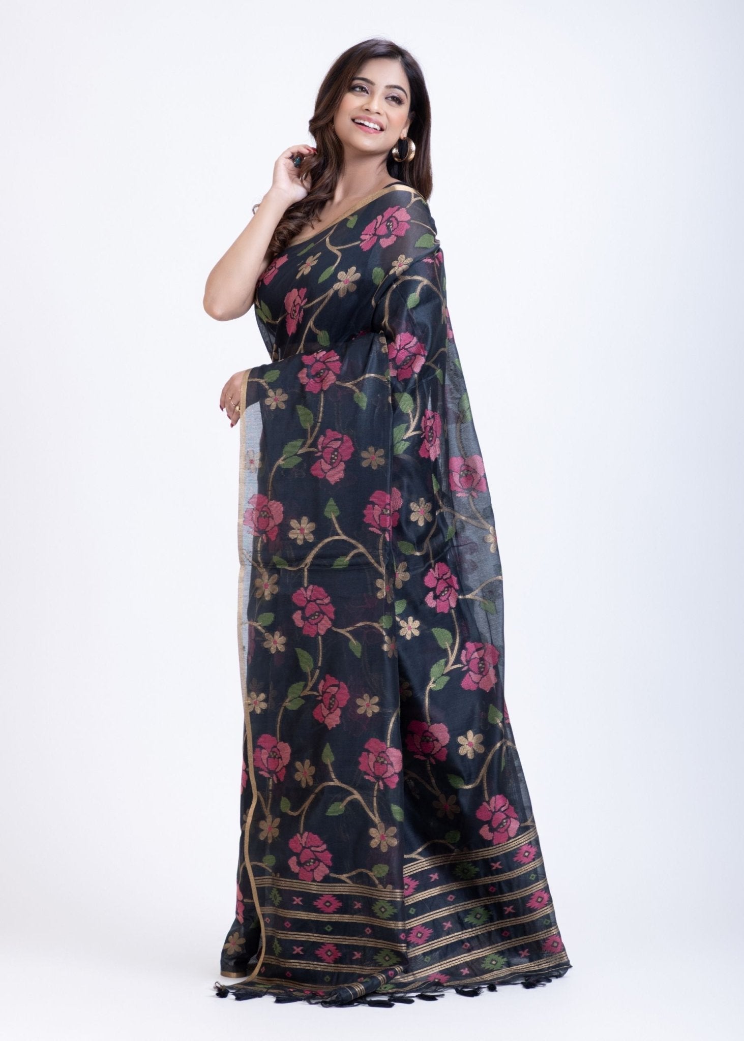 Black Jamdani Saree with all over Handloom Floral Weaving - Anvi Couture