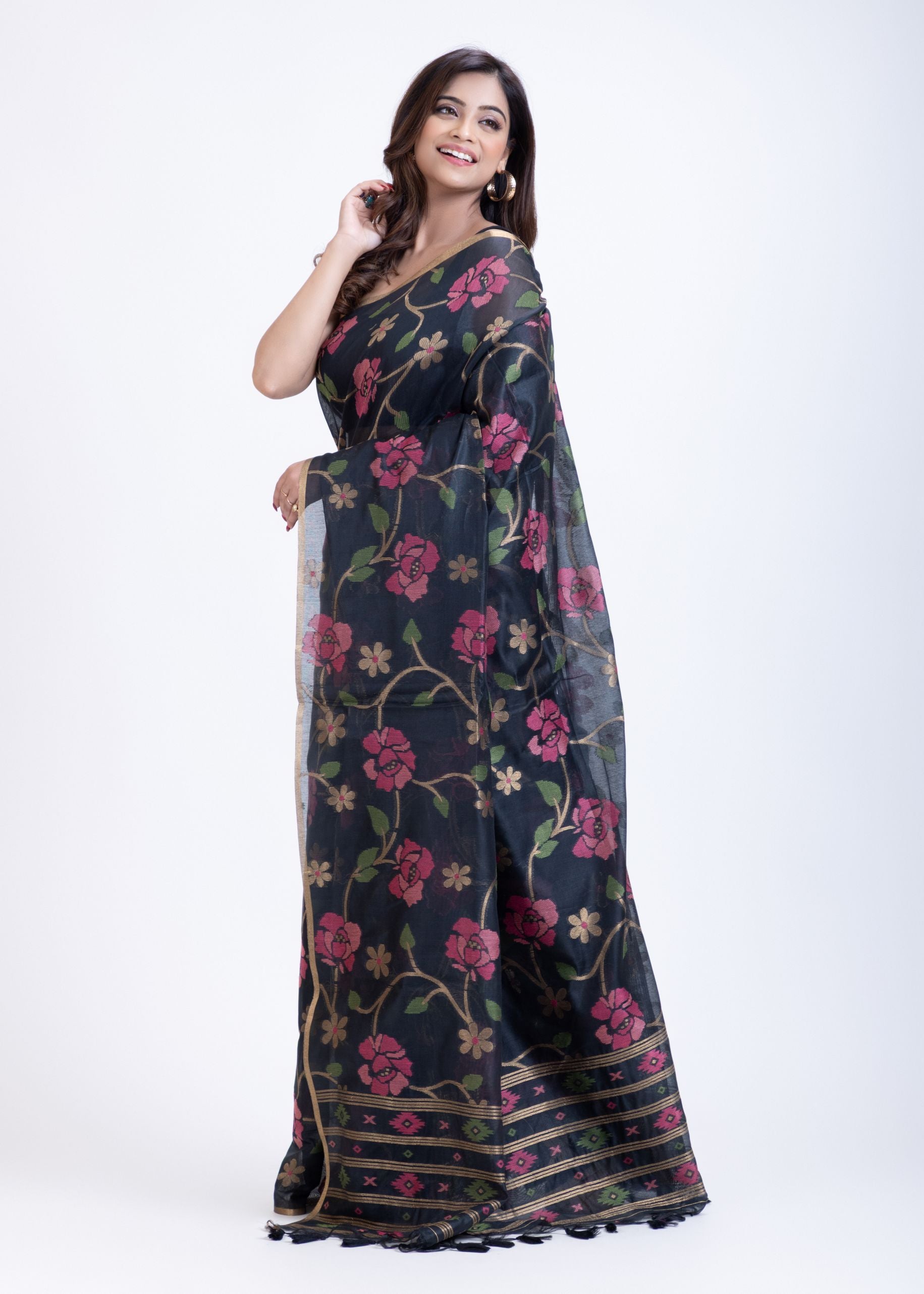 Black Jamdani Saree with all over Handloom Floral Weaving Back
