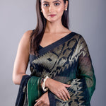 Black Jamdani saree look with dark green ombre floral weave