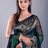 Black Jamdani saree look with dark green ombre floral weave