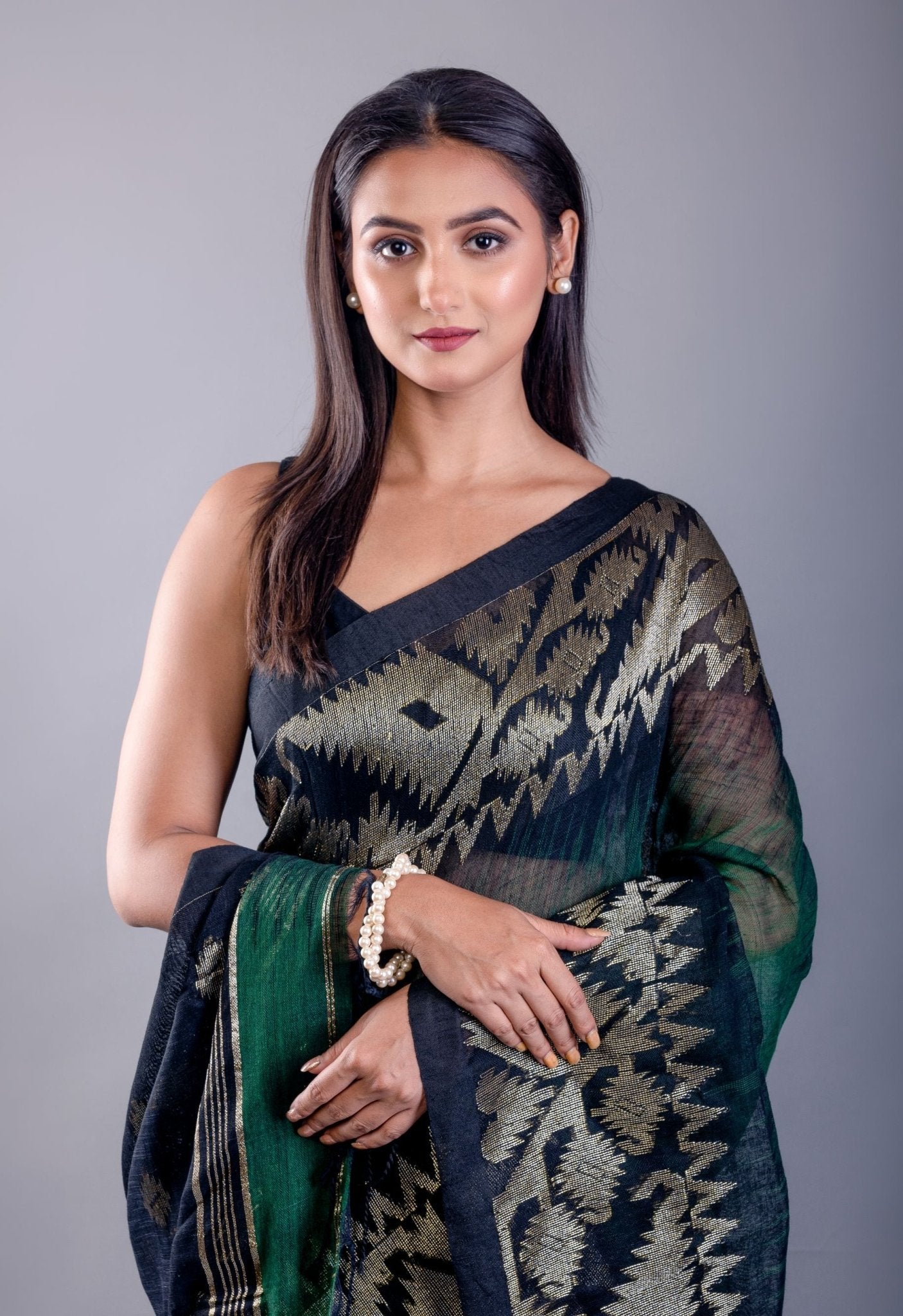 Black Jamdani saree look with dark green ombre floral weave
