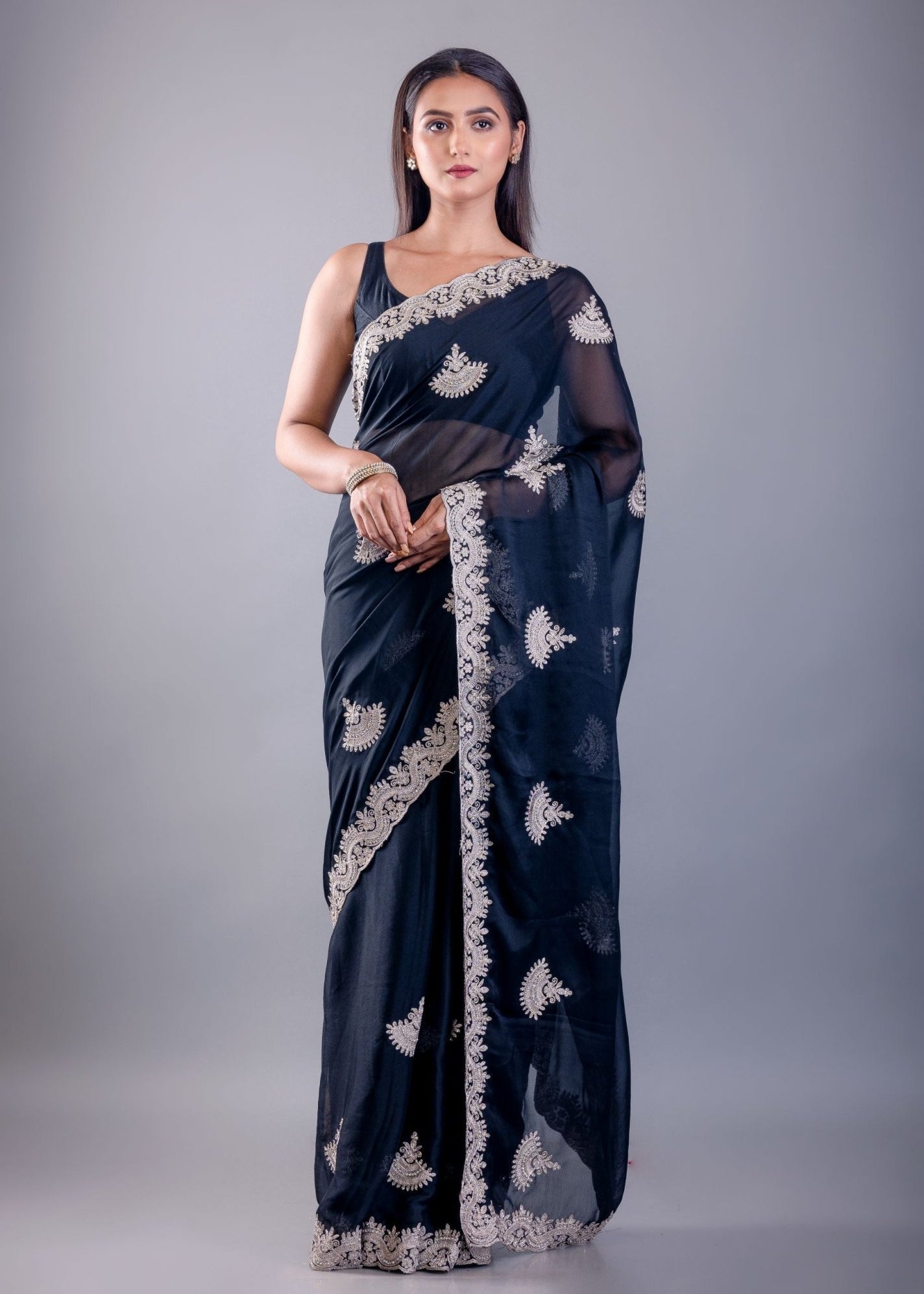 Black Jimmy Choo saree for women with white embroidered embellishment
