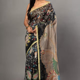 Black Kalamkari Cotton Silk Saree - Anvi Couture