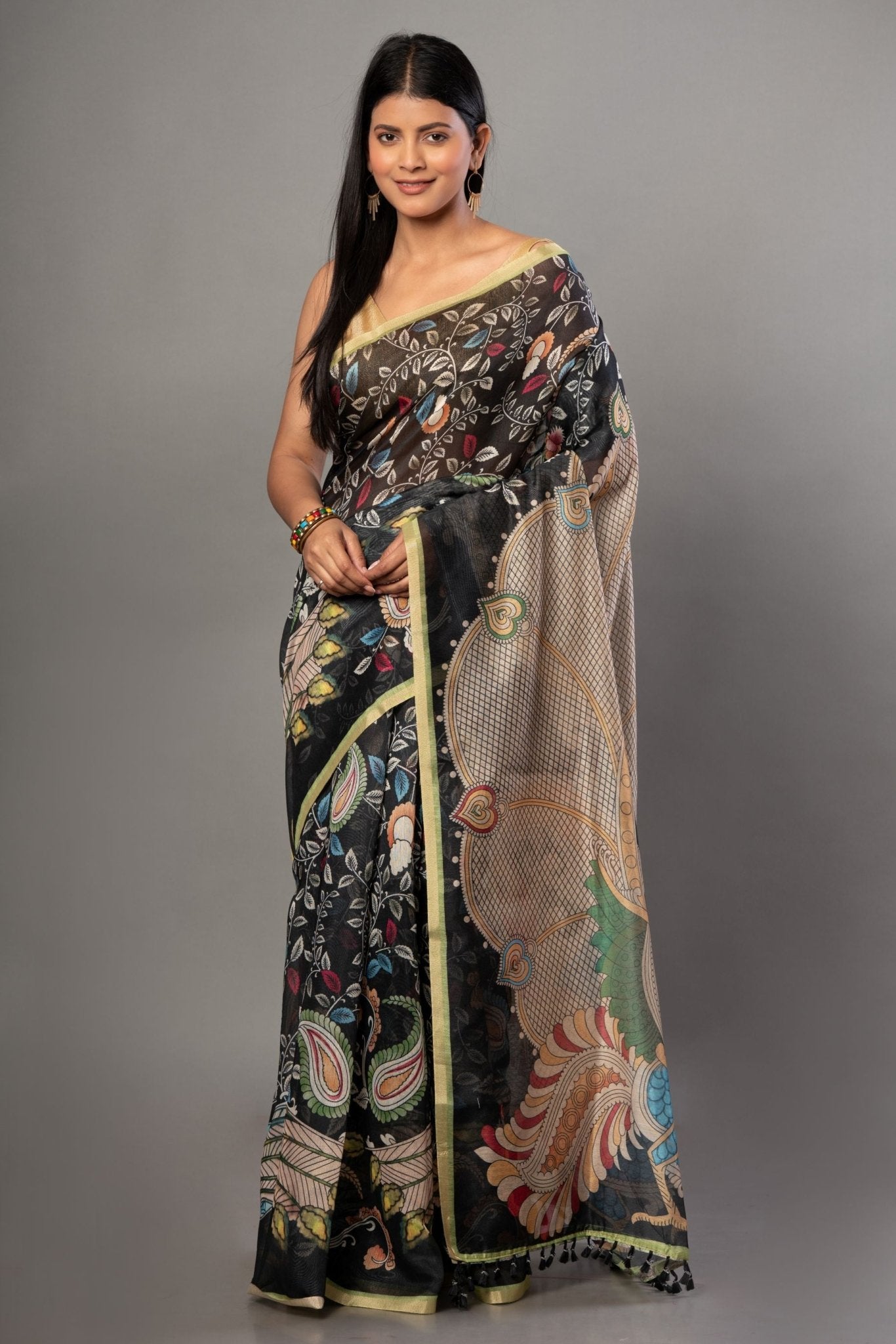 Black Kalamkari Cotton Silk Saree - Anvi Couture